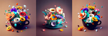 Herbal Tea Cup Illustration With Colorful Flowers Inside, Collection