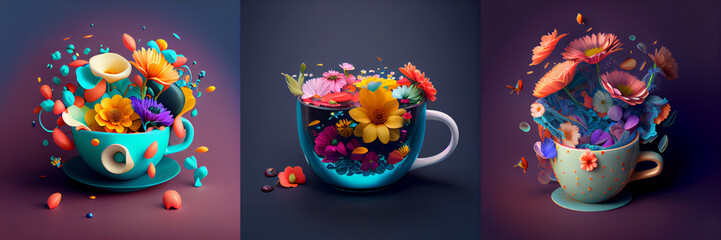 Wall Mural - Colorful coffee cup illustration with flowers surrounded composition.