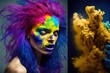 © Anna - a woman with bright hair and makeup is in a photo with a colorful cloud of smoke and dust behind her is a woman with blue hair and a yellow and blue and pink hair and.