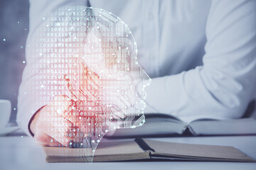 Poster - Man with multi exposure brain theme icons.