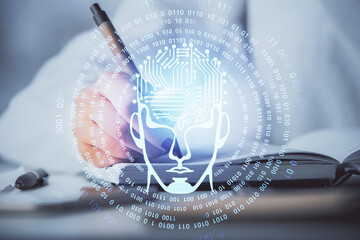 Poster - Double exposure of woman's writing hand on background with brain hologram. Concept of brainstorming.