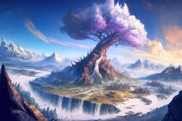 Wall Mural - Giant world tree in fantasy concept. anime style. illustration painting. Generative AI.