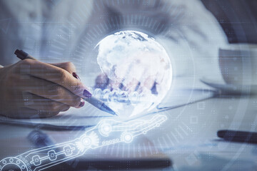 Poster - Multi exposure of hands making notes with world map hologram and data theme icons. Concept of global data.