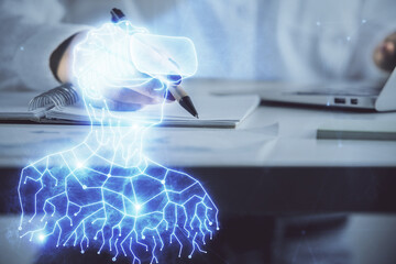 Poster - AR hologram over hands taking notes background. Concept of augmented reality. Double exposure