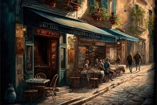 A Painting Of A Restaurant With People Sitting At Tables Outside Of It And A Horse And Buggy Passing By The Building With The Restaurant On The Sidewalk In Front Of The Street. Generative Ai 