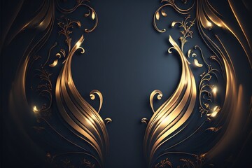 Wall Mural -  a gold and black background with swirls and leaves on it, with a dark background and gold accents on the edges of the image, and a dark background with a gold swirls. Generative AI