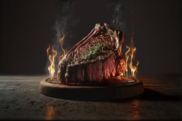 Wall Mural -  a steak is on a grill with flames coming out of it and it's steak is on a plate on a wooden stand with a black background and a black background with a few small. Generative AI