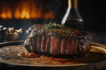  a steak is on a wooden board with a sauce and a bottle of wine in the background and a fire in the background with a lit candle on the table top of the plate is. Generative AI