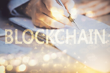 Aufkleber - Cryptocurrency hologram over woman's hands writing background. Concept of blockchain. Multi exposure