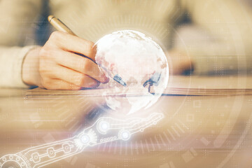 Aufkleber - Multi exposure of hands making notes with world map hologram and data theme icons. Concept of global computer data.