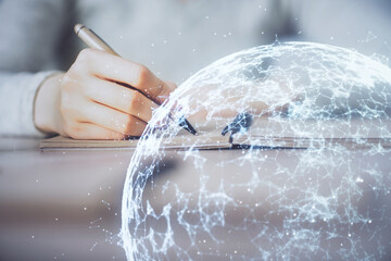 Aufkleber - Social network theme hologram over hands taking notes background. Concept of global international people connect. Double exposure