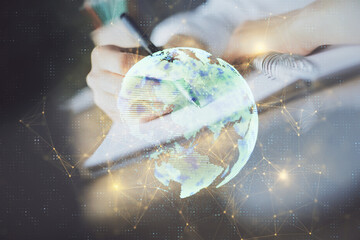 Poster - Social network theme hologram over woman's hands writing background. Concept of international people connect. Double exposure