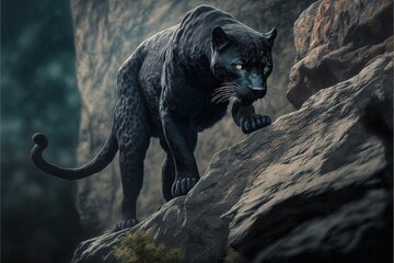 Wall Mural -  a black panther standing on a rock in a forest with a glowing yellow eyes and tail, with a black background and a dark background with rocks and grass and leaves, and a few. Generative AI