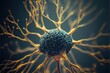 Leinwanddruck Bild -  a close up of a brain cell with many branches and a blue background with a yellow center and a black center with yellow dots on the top of the brain area is a blue background.