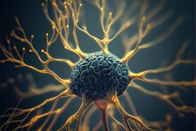  A Close Up Of A Brain Cell With Many Branches And A Blue Background With A Yellow Center And A Black Center With Yellow Dots On The Top Of The Brain Area Is A Blue Background.
