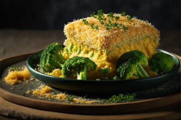  a plate of food with broccoli and cheese on it on a table with a wooden tray and a wooden table cloth with a wooden table cloth with a plate of food and a. Generative AI