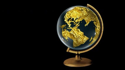 Wall Mural - 3d animation of rotating golden earth globe isolated by the alpha channel. Model of the planet earth that rotates on the base. Alpha channel. 3d render. Save the planet concept.