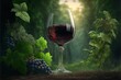  a glass of wine sitting on a table in a forest with grapes and leaves around it, with a green background and a forest scene with trees and leaves, with a light, and. Generative AI