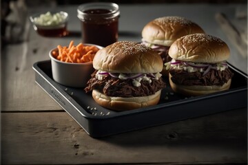 Poster -  three pulled pork sandwiches with coleslaw and carrots on a tray with a side of coleslaw and a jar of ketchup on the side of fries on a wooden table. Generative AI