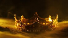 Fabulous Golden Crown Of The King On A Dark Background. Panoramic View Of The Fog. Mockup For Your Logo.