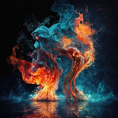  a fire and water painting of two fire and water figures with bright colors and splashing water on the surface of the image, with a black background of a dark background w Generative AI