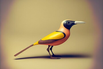  a bird with a yellow and black beak and a brown body and a long tail, standing on a wooden stick, with a shadow on a beige background, sepia, sepia. Generative AI