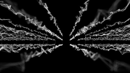 Poster - Wave of digital particles on a black background. Abstract interlacing lines and points. Digital connection of elements. Simulation of the movement of small particles. 3D rendering.