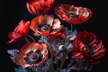 Poster -  a bunch of red flowers with a black background in the background and a blue eye in the middle of the flowers, with a black background, and white, and red, and pink, and white, flower,. Generative AI