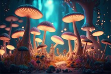  A Group Of Mushrooms That Are In The Grass Near A Forest Floor With Trees And Bushes In The Background, With A Blue Sky And Green Background With White Lights And Blue Hues,.