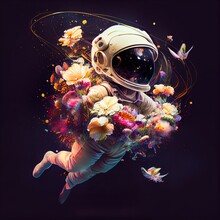 Portrait Of Astronauts With Flowers. High-tech Astronauts From The Future. Concept Of Space Travel. Generative AI Art