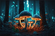  A Painting Of A Group Of Mushrooms In A Forest With Blue Lights On Them And Bubbles Floating Around Them, With A Black Frame Around The Edges Of The Picture Is A Black Border And.