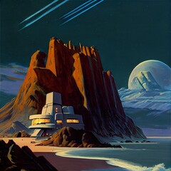 Wall Mural - a deserted abstract colorful alien landscape. alien planets during sunrise. a beautiful landscape on