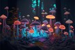  a group of mushrooms that are glowing in the dark night sky, with a blue light shining on them, in a forest of grass and rocks and plants, with a few other mushrooms. Generative AI