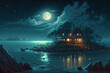 Night ocean landscape, full moon and stars shine, nature landscape, art illustration