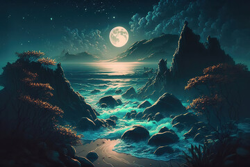 Night ocean landscape, full moon and stars shine, nature landscape, art illustration