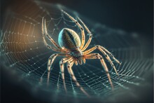  A Spider Is Sitting On A Web In The Dark Night Time, With A Blurry Background Of The Web And The Spider's Web - Like Body Is Glowing Orange And Blue,.