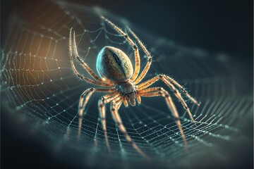 a spider is sitting on a web in the dark night time, with a blurry background of the web and the spider's web - like body is glowing orange and blue,. Generative AI