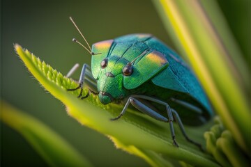  a green bug sitting on top of a green plant leaf with long antennae and eyes on it's head, with a green background of green leaves and a dark background with a few. Generative AI