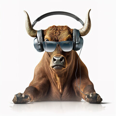 close up of a bull mask with headphone and sunglasses