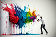 canvas print picture - Lustiger Maler streicht eine weiße Wand bunt mit color splash