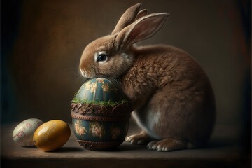 Sticker - a rabbit sitting next to a painted egg on a table with an orange and yellow egg in front of it, on a brown background with a dark background, with a brown border,.