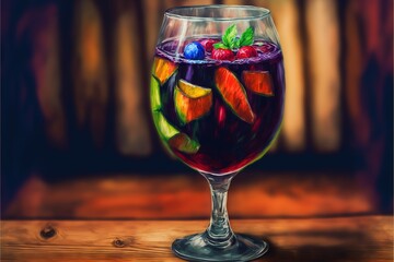 Poster - a painting of a glass of wine with fruit on the rim and a green leaf on the top of the glass, on a wooden table with a dark background of wood planks and a.