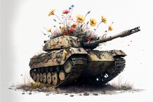 Deteriorated Battle Tank Covered In Flowers, White Background. AI