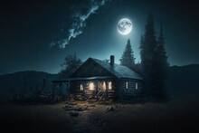 Starry Sky, Hut, Cabin, Night, Moon, Window Light, Landscape, Art Illustration