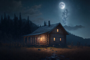 Poster - starry sky, hut, cabin, night, moon, window light, landscape, art illustration