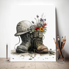 Painting Of War Boots And Helmet With Flowers, White Background. Digital Illustration AI