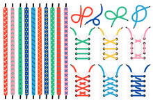Colorful Shoelaces Flat Icons Set. Different Colors Laces For Sneakers. Knot With Bow. Thin Cord For Fastening Shoes