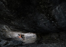 Rock Climber Justin Heiser Navigates A Ledge Bouldering Problem.