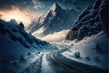 A Snowy Mountain Road With A Truck Driving On It At Night Time With A Full Moon In The Sky Above It And A Mountain Range In The Distance With Snowing Clouds And A Few. Generative AI