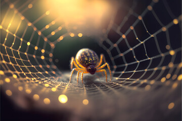 Wall Mural - Little spider on web, close up. Generative AI